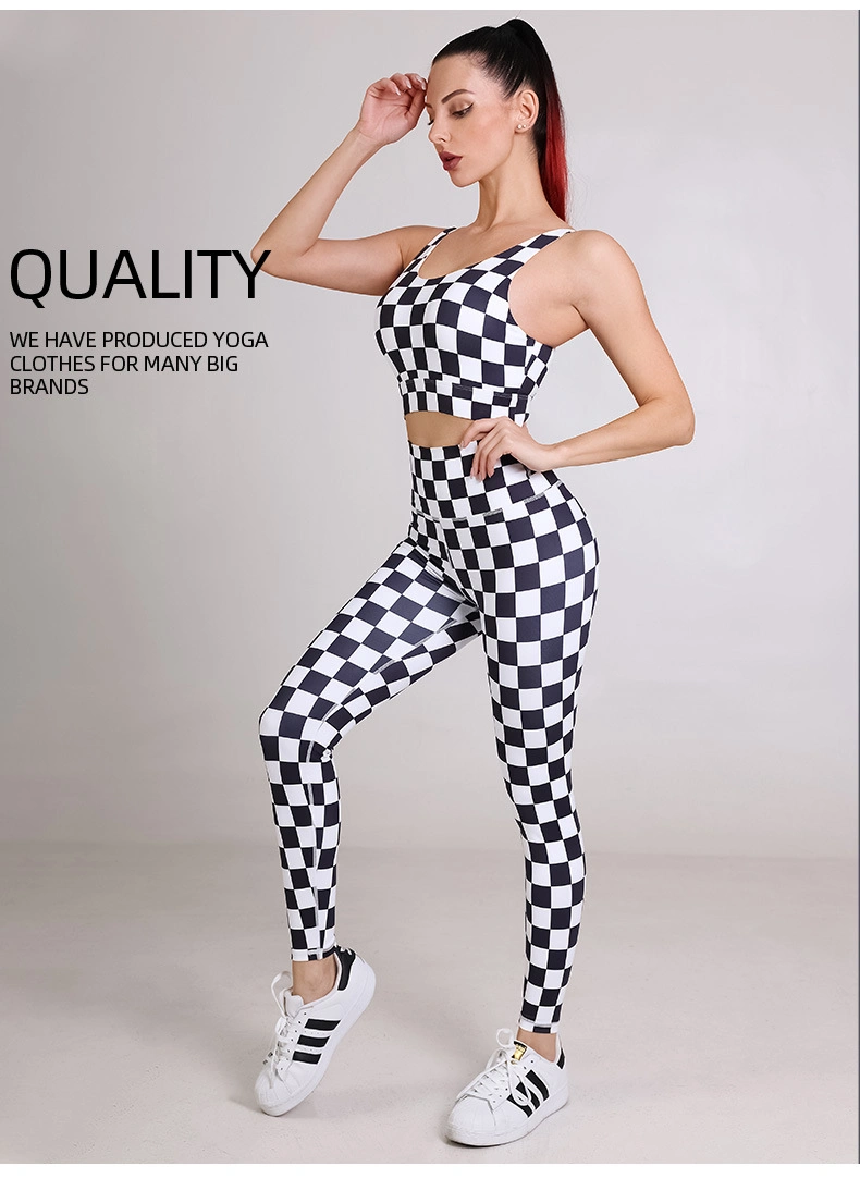 Recycled Polyester+Spandex Girl Black/White Plaid Fitness Wear Workout Sets Sports Top Summer Women Yoga Set Sports Bra and Legging Set