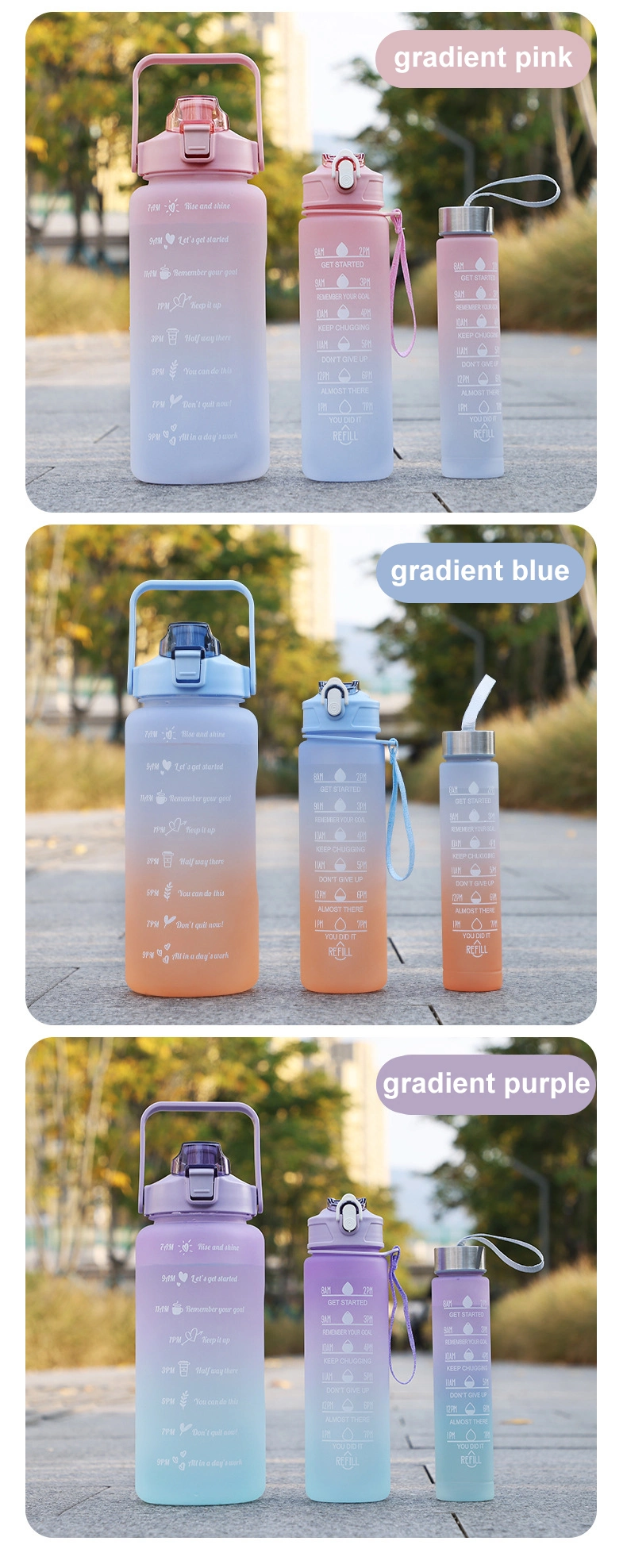 Gradient Color Motivational Plastic Sport Fitness Water Bottle Set with Time Maker