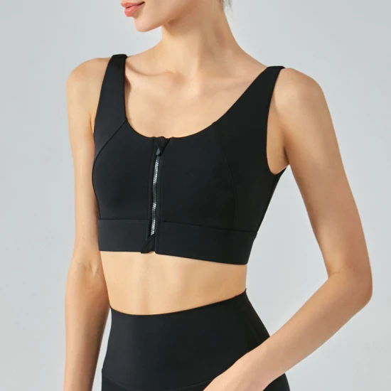 Zip Front Active Wear Crop Top Sports Bras Black for Women