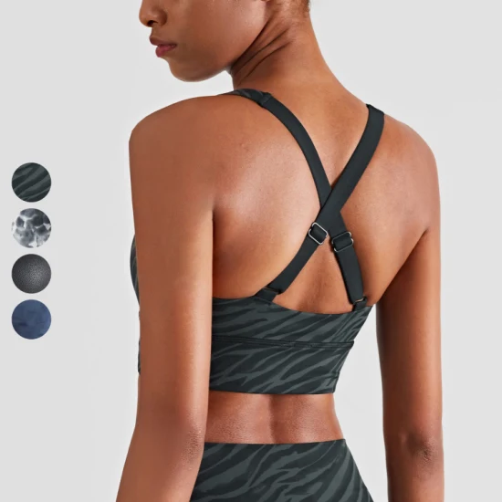 Stretch Strap Women Top with Fuel Print Process Crossed and Adjustable Back Straps Yoga Sports Bra